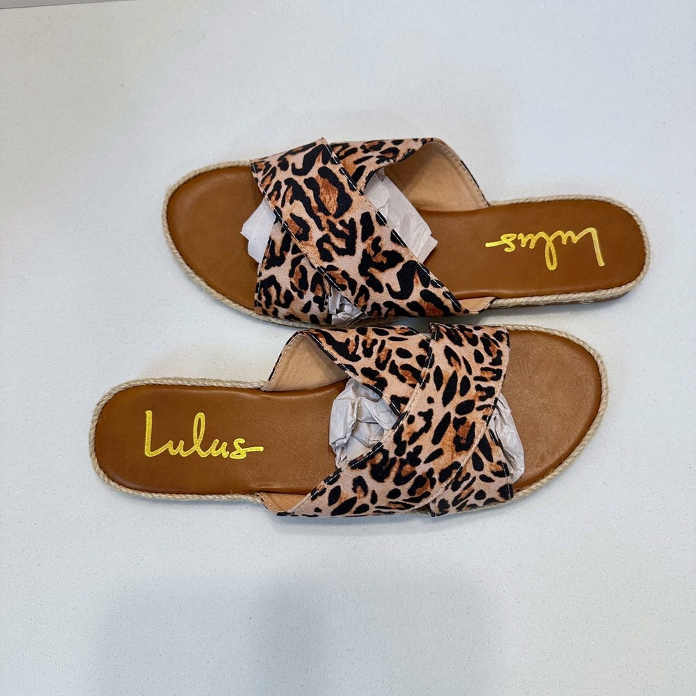 Lulus Koren Leopard Print Espadrille Slide Sandals Womens Size 8 Tan Brown Flat - Picture 3 of 6